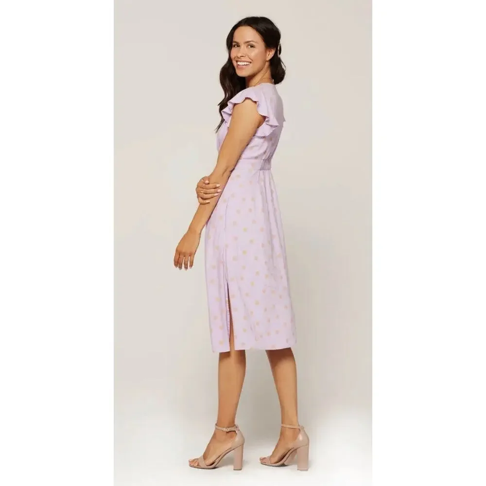 L Space Jordan Polka Dot V-Neck Flutter Sleeve Button-Front Dress Lilac Purple S - Picture 2 of 9
